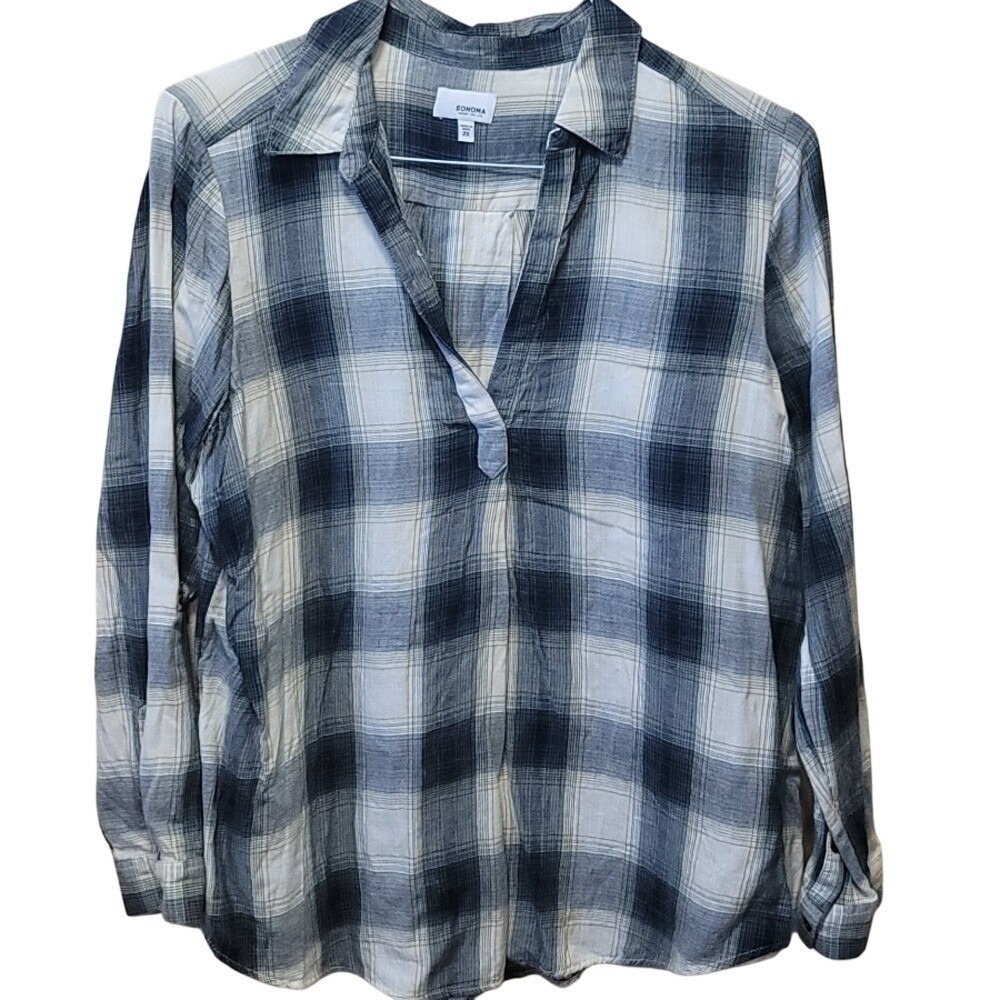 Sonoma Goods For Life‎ green Blue White Plaid Cotton Tunic Top Womens 2X RN73277